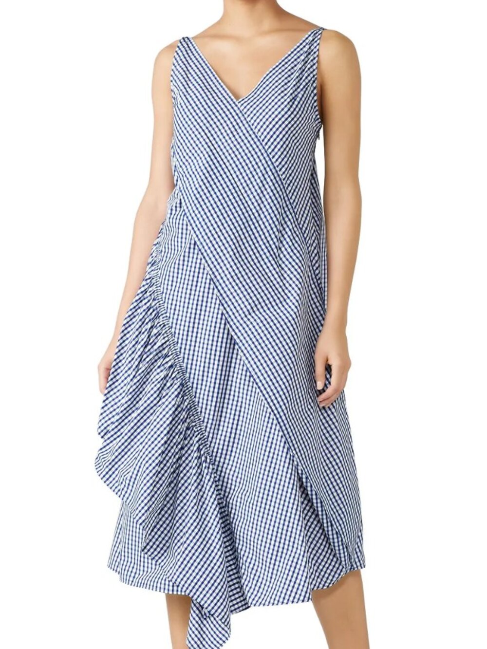 ADEAM Moga Picnic Midi Slip Dress Luxe Blue Gingham Breezy Sweet Draped Ruffles